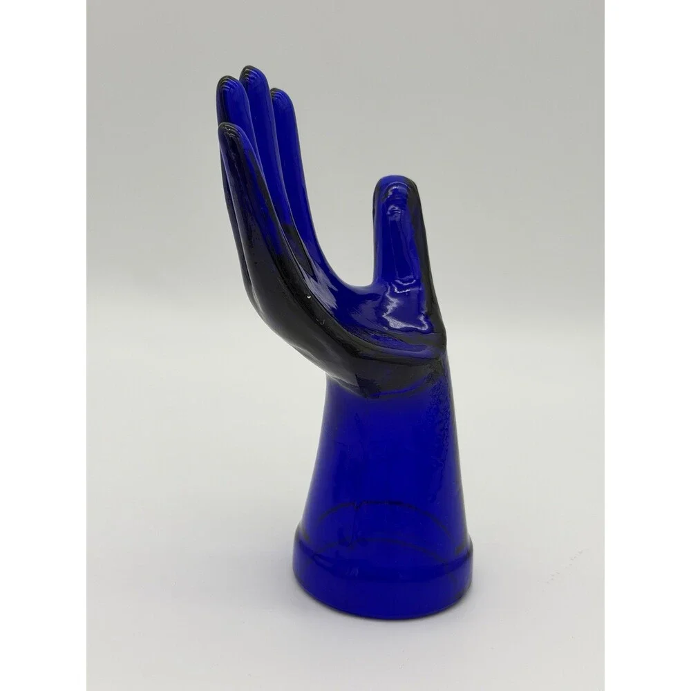 Cobalt Blue Art Glass Ring Holder Jewelry Display Hand 7.5”vintage MCM